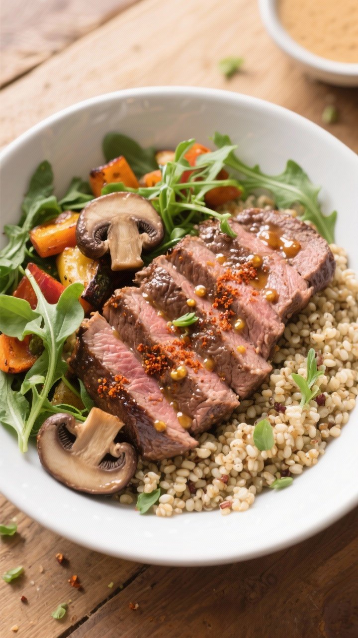 Tasty top view: Overhead grain bowl featuring thickly sliced portobello steak fanned over quinoa wit