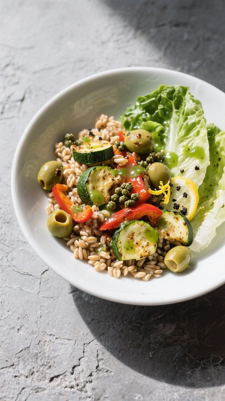 Tasty top view: Overhead grain bowl with farro, roasted zucchini and peppers, and romaine, generousl