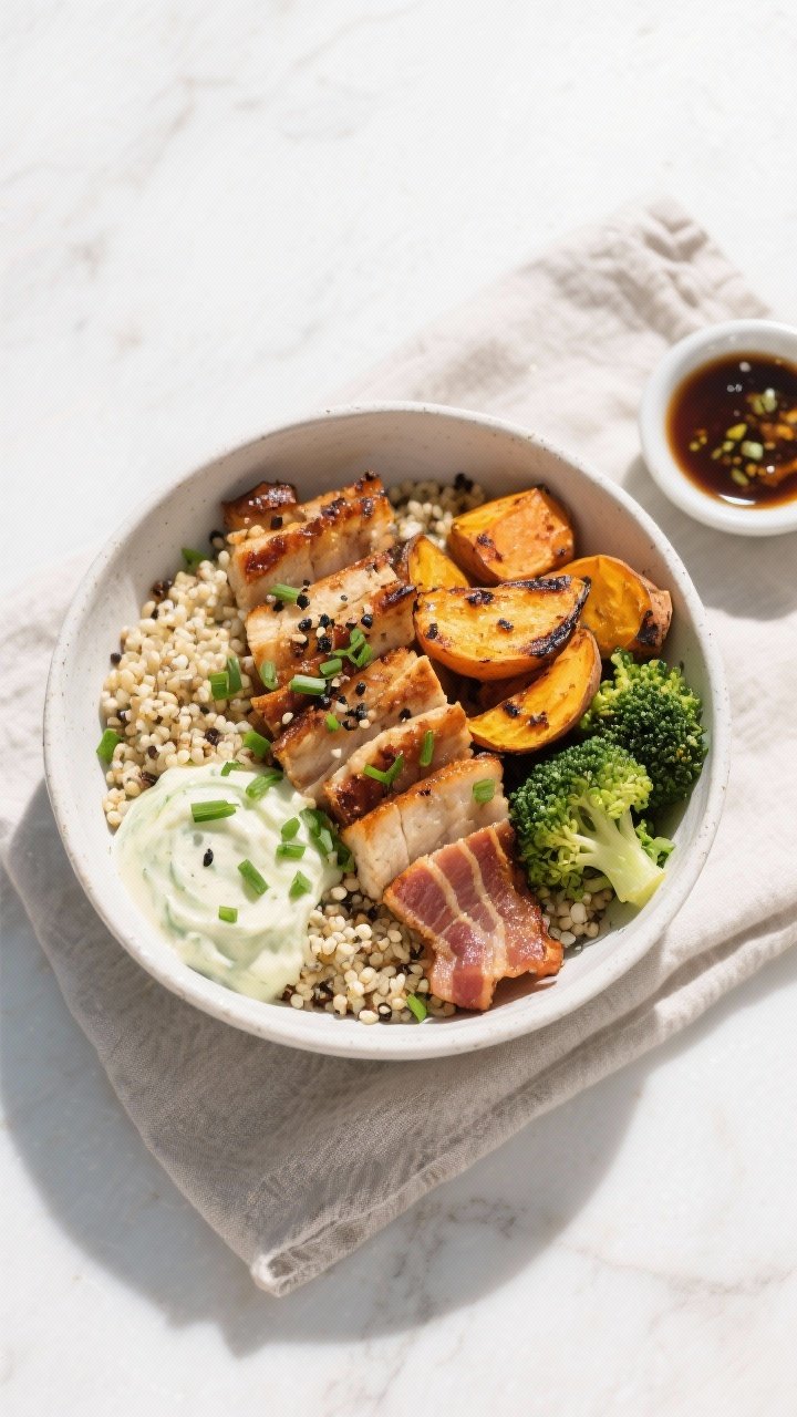 Tasty top view: Overhead grain bowl with sliced tempeh bacon fanned over warm quinoa, roasted vegeta