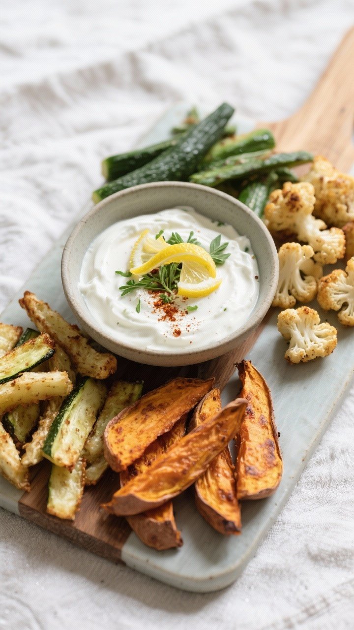 Tasty top view: Overhead grazing board featuring the yoghurt dip as the star—central bowl of the s