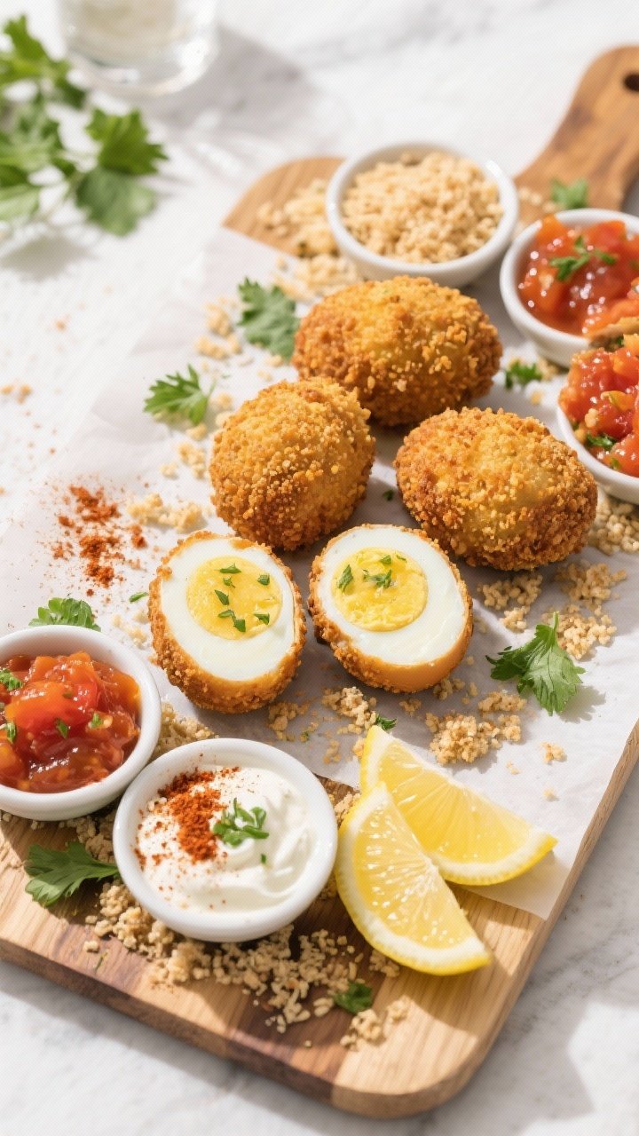 Tasty top view: Overhead grazing board featuring whole and halved Scotch eggs with a deep golden bre