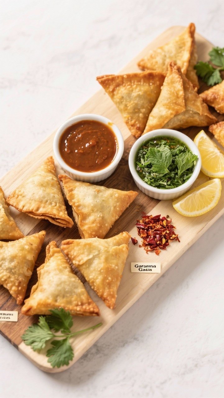 Tasty top view: Overhead grazing board-style setup with a variety of air-fried samosas (uniform tria