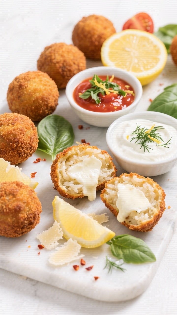Tasty top view: Overhead grazing board-style setup with several golf-ball–size arancini, a couple