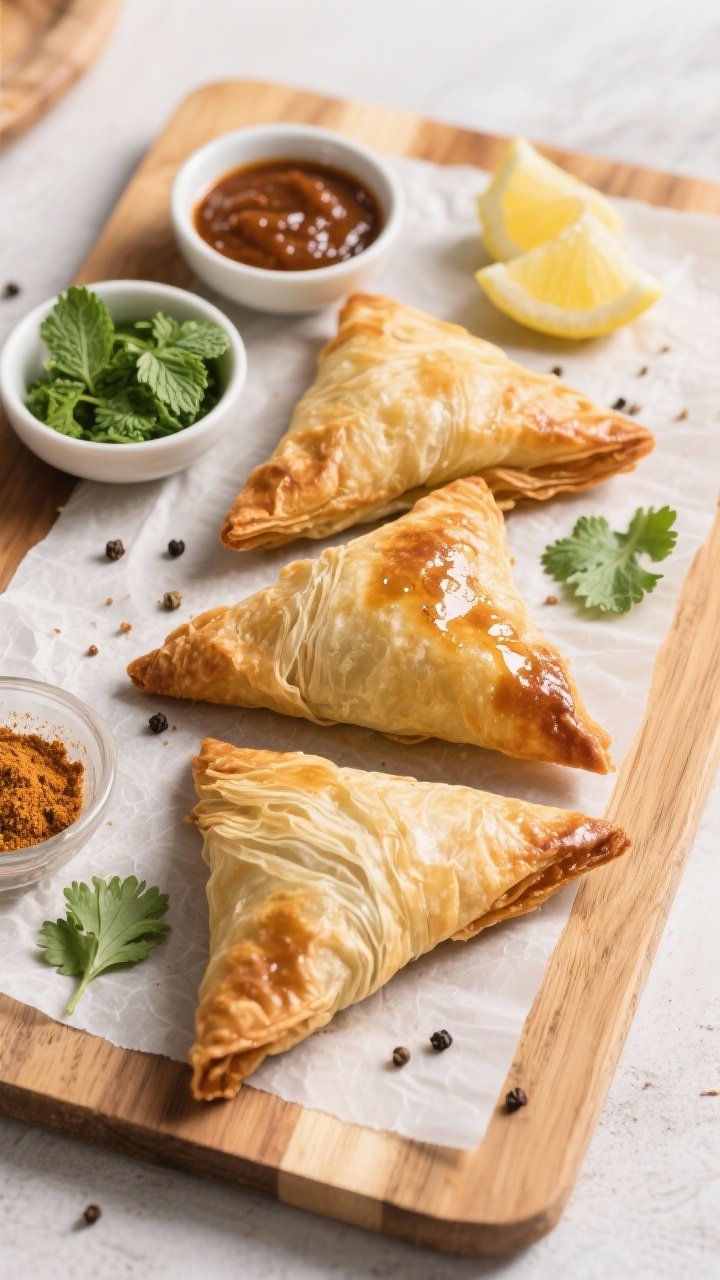Tasty top view: Overhead grazing board-style setup with three giant phyllo samosas arranged in a fan