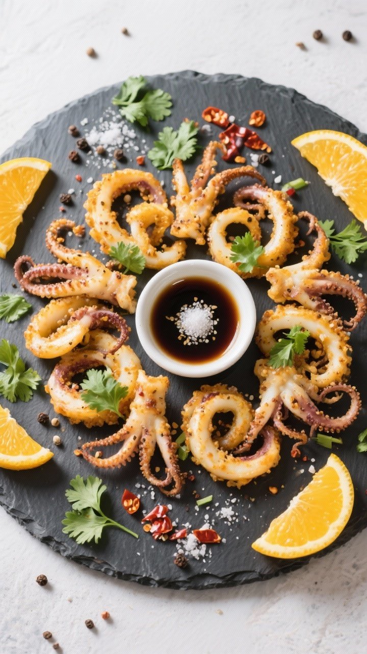 Tasty top view: Overhead grazing board-style spread—salt and pepper squid arranged in a loose circ