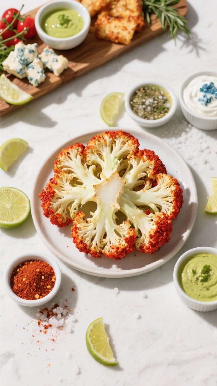Tasty top view: Overhead grazing board style spread showing the cauliflower as the hero in the cente