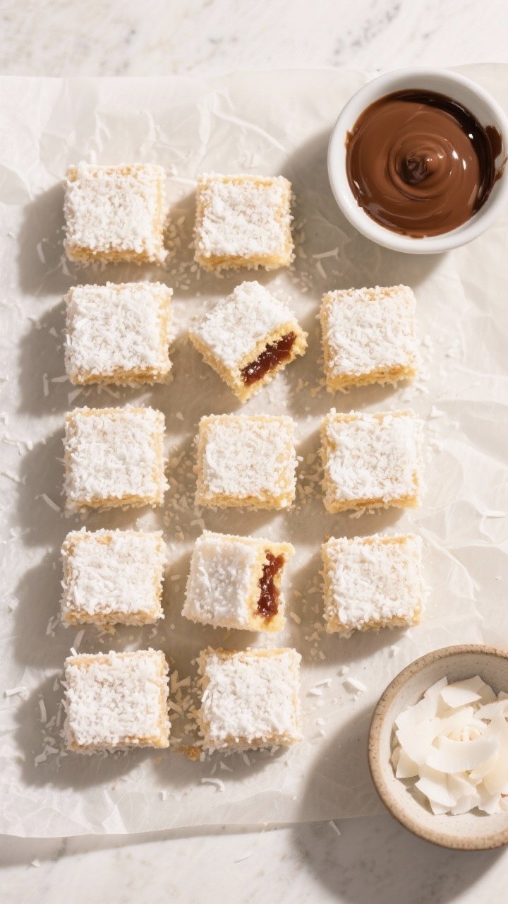 Tasty top view: Overhead grid of 12 evenly cut lamington squares on parchment, each with a uniform c