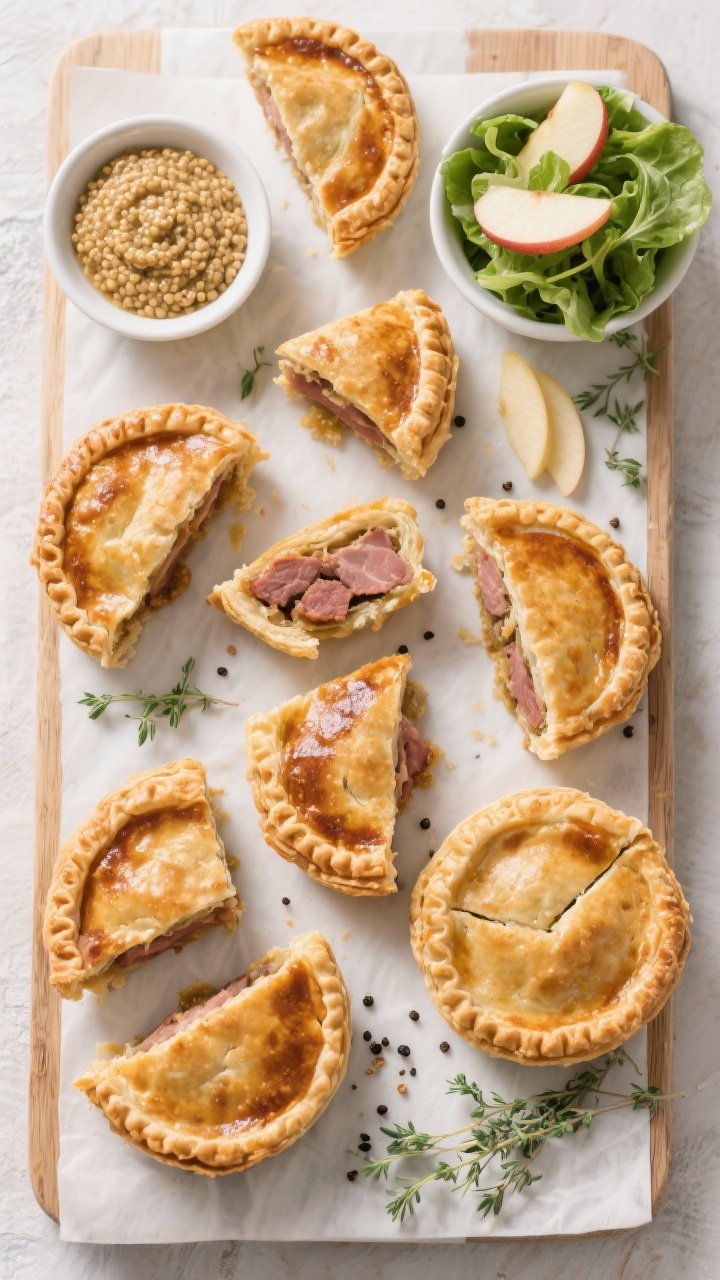 Tasty top view: Overhead hero shot of a board filled with assorted pork pies—some whole, some halv