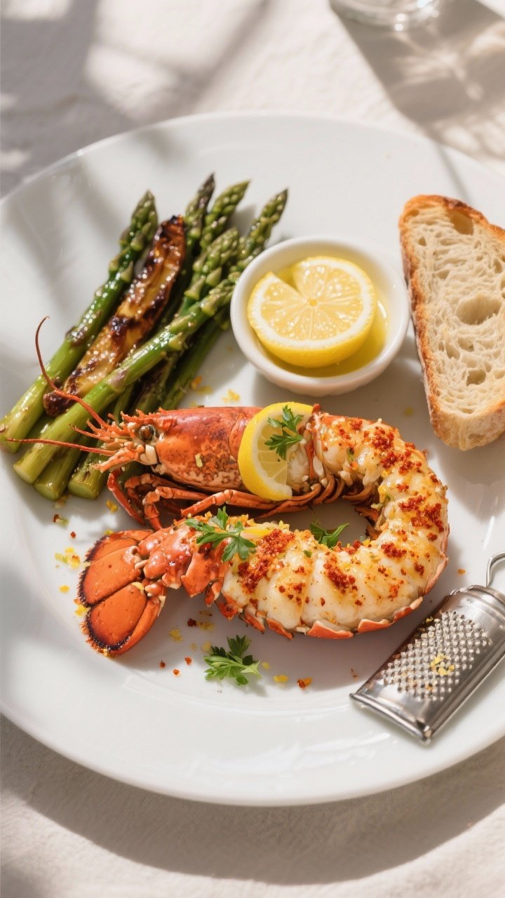 Tasty top view: Overhead hero shot of a date-night plate—two lobster tails with paprika-scented cr