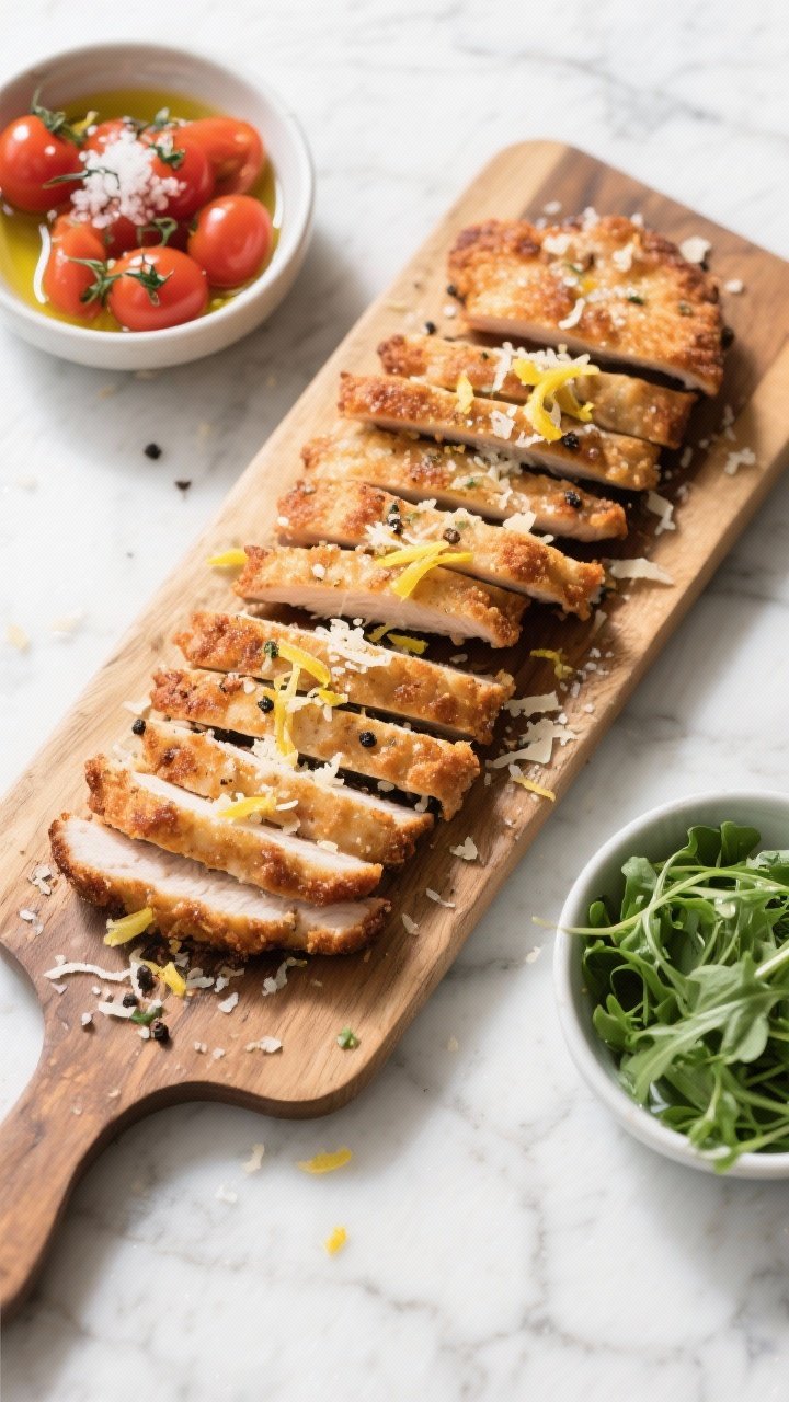 Tasty top view: Overhead hero shot of a family-style board with multiple crispy cutlets stacked slig