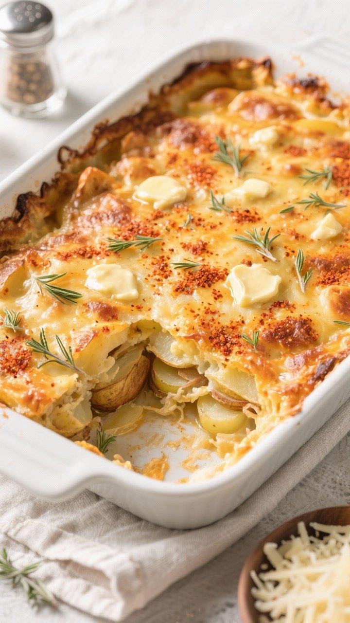 Tasty top view: Overhead hero shot of the entire potato bake in the baking dish post-resting, evenly