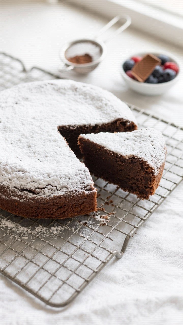 Tasty top view: Overhead hero shot of the whole cake on a cooling rack, evenly dusted with powdered