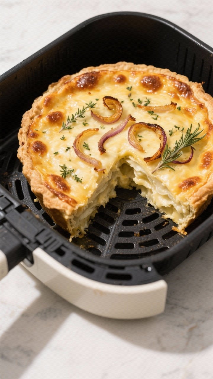 Tasty top view: Overhead hero shot of the whole potato pie in the baking dish inside (or resting bes