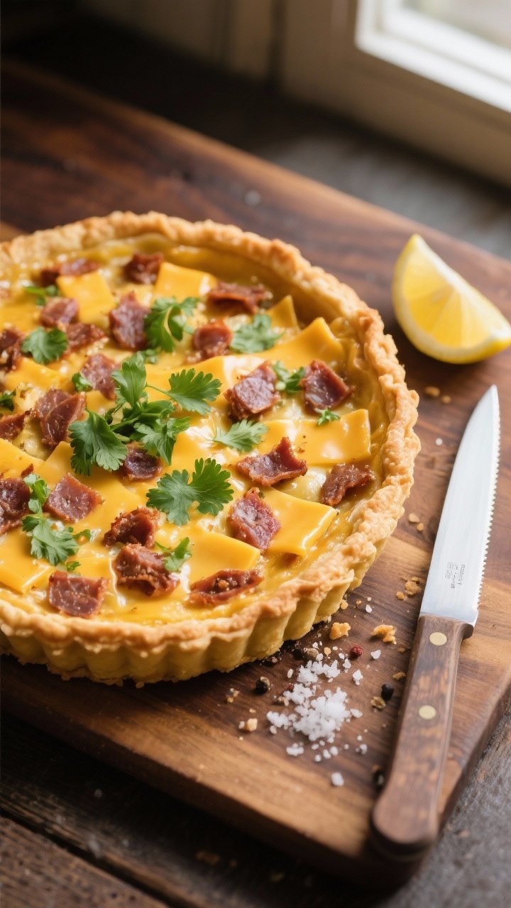Tasty top view: Overhead hero shot of the whole tart on a wooden board, golden puff pastry border fr