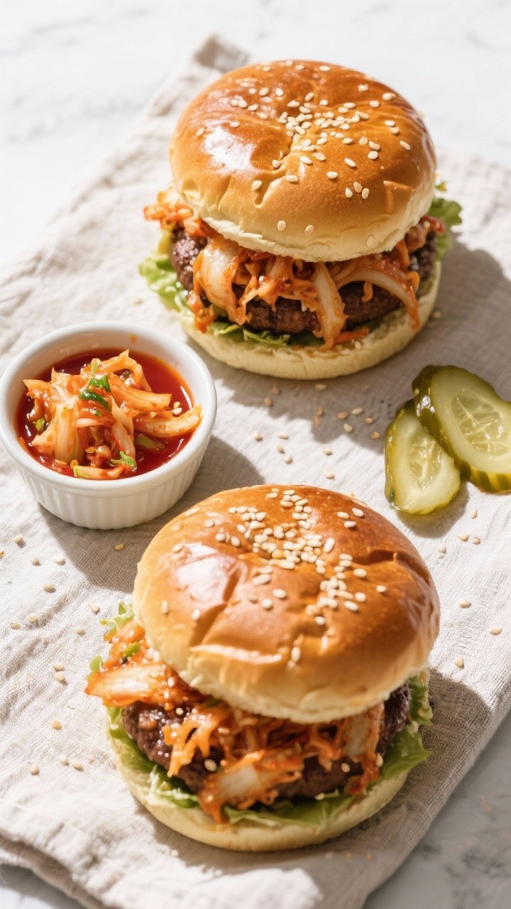 Tasty top view: Overhead hero shot of two assembled Korean burgers with kimchi slaw spilling slightl