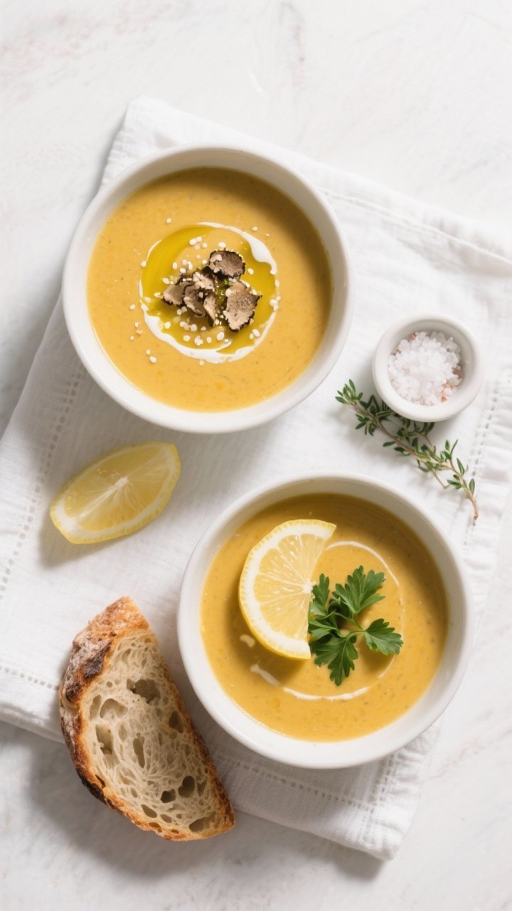Tasty top view: Overhead hero shot of two bowls of the finished soup with contrasting garnishes—on