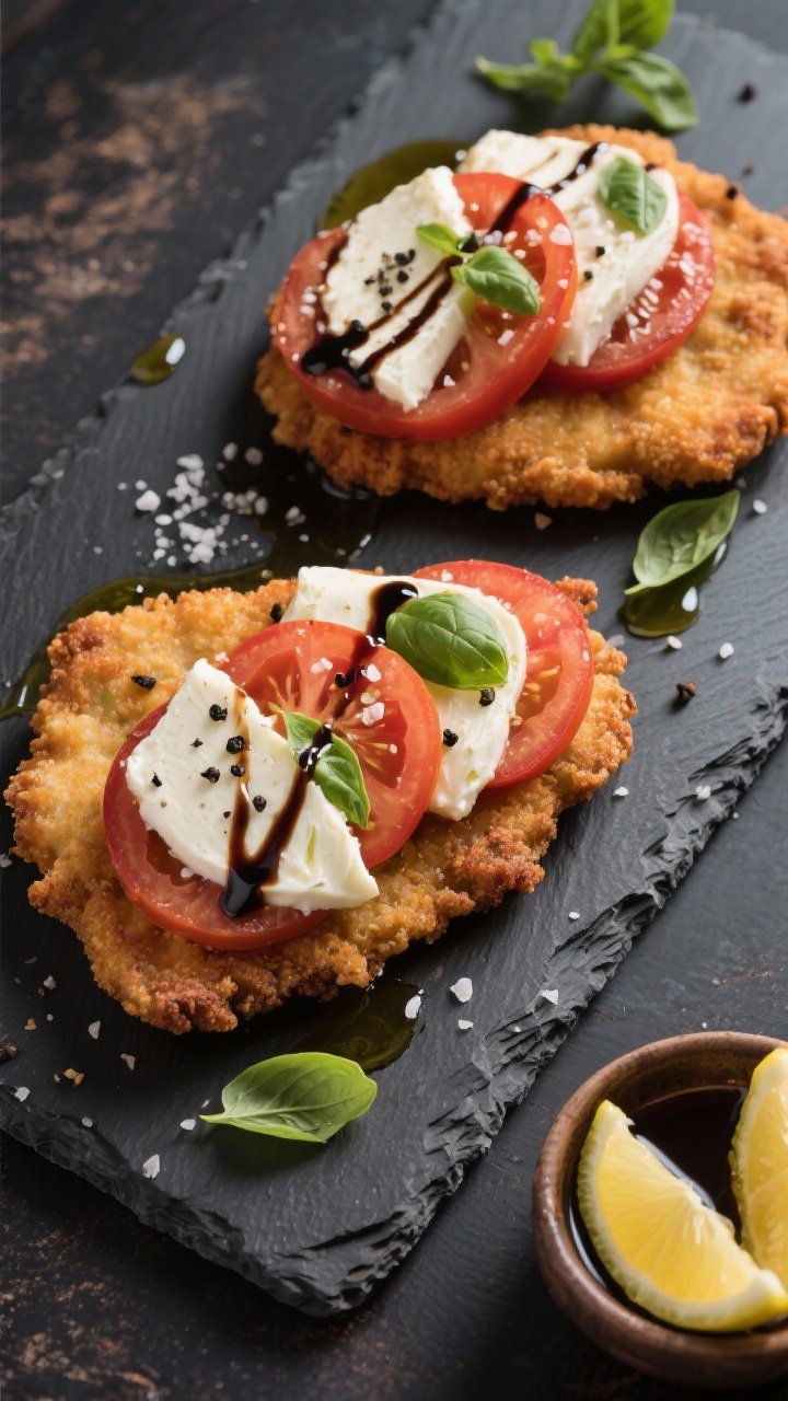 Tasty top view: Overhead hero shot of two Caprese schnitzels on a slate serving board—mozzarella s
