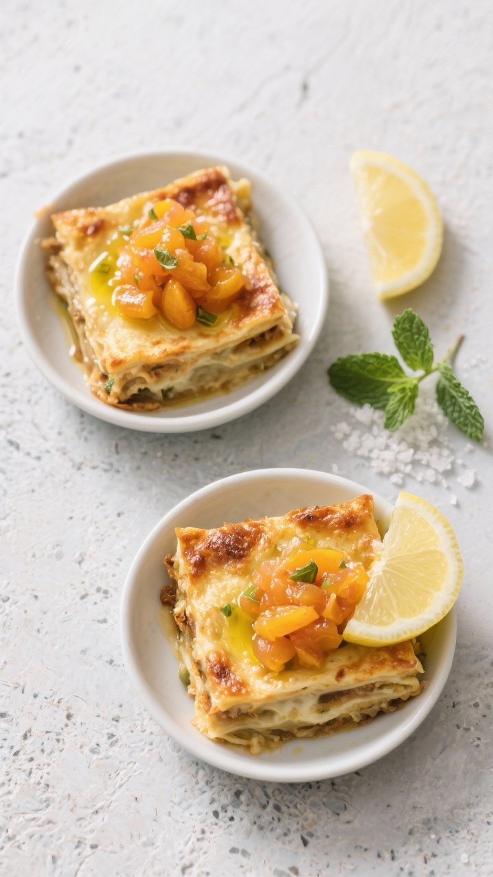 Tasty top view: Overhead hero shot of two mini bobotie lasagnas in their dishes, tops evenly golden 