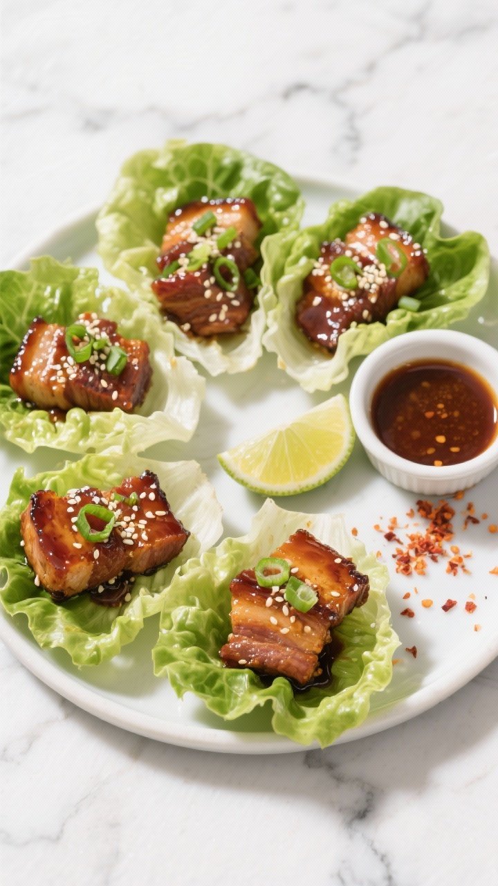 Tasty top view: Overhead image of a shareable platter of glazed pork belly bites served in crisp let