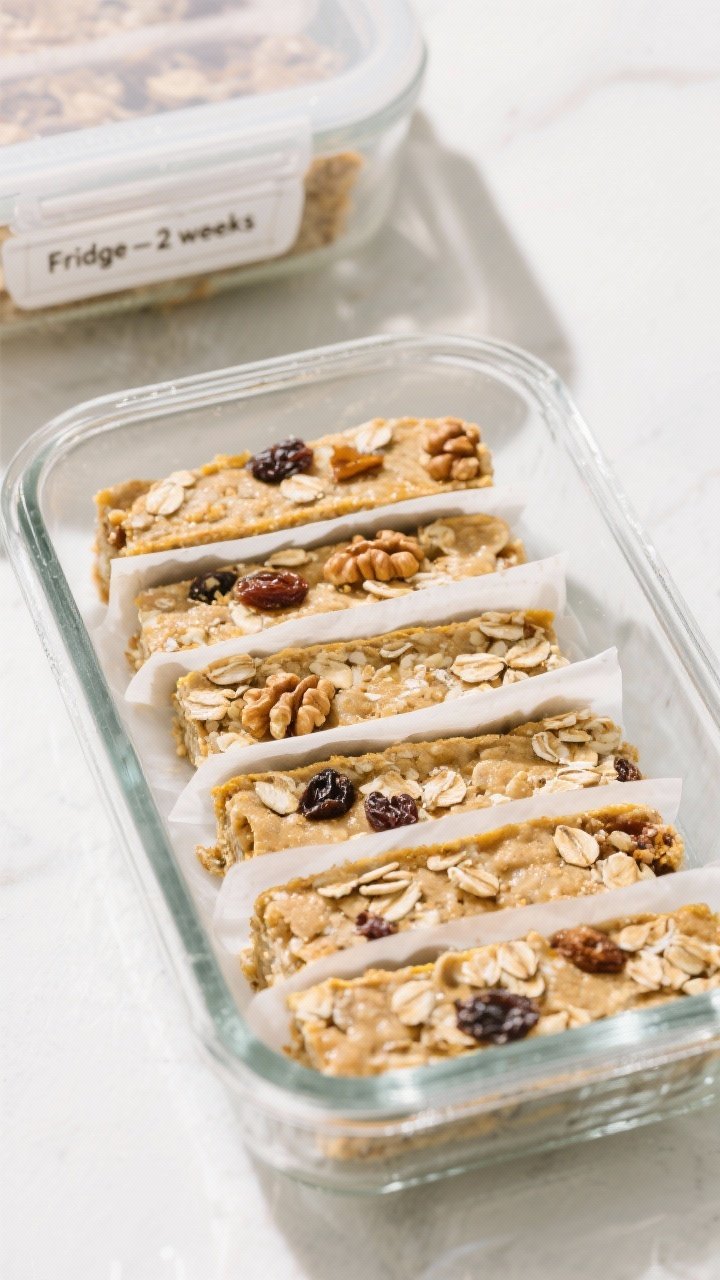 Tasty top view: Overhead lunchbox-ready scene with multiple bars lined in an airtight glass containe