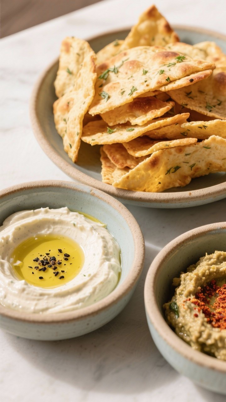 Tasty top view: Overhead mezze-style spread featuring bowls of tahini-yogurt dip with olive oil and 