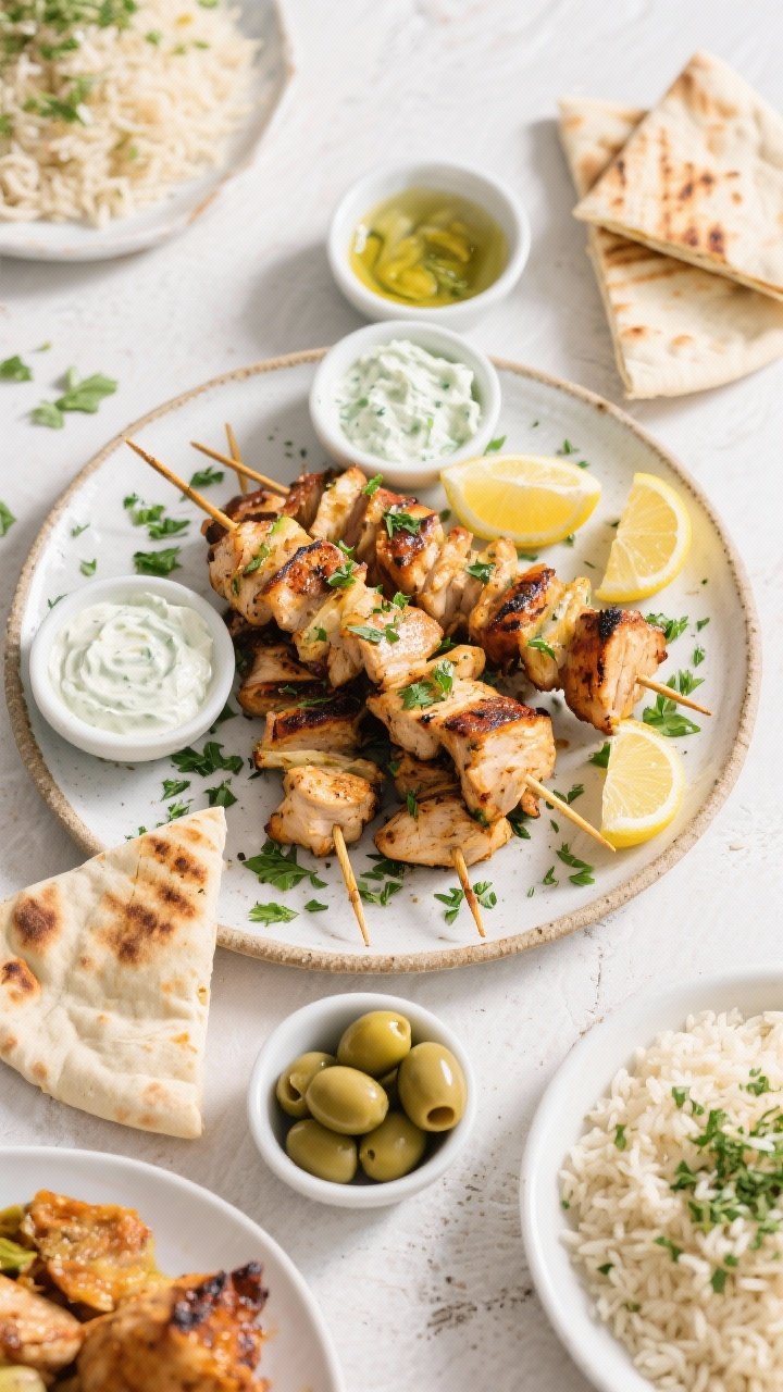 Tasty top view: Overhead mezze-style spread featuring chicken souvlaki pieces off the skewer piled o