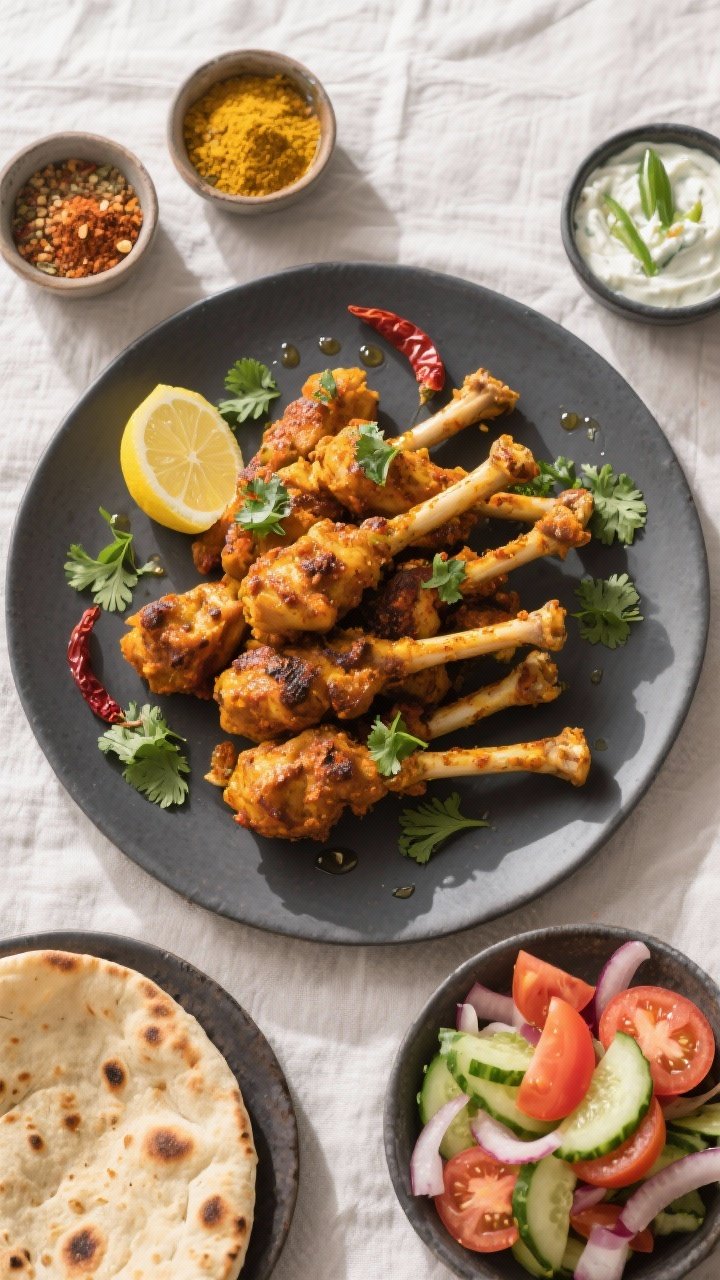 Tasty top view: Overhead mezze-style spread featuring the finished drumsticks piled on a round matte