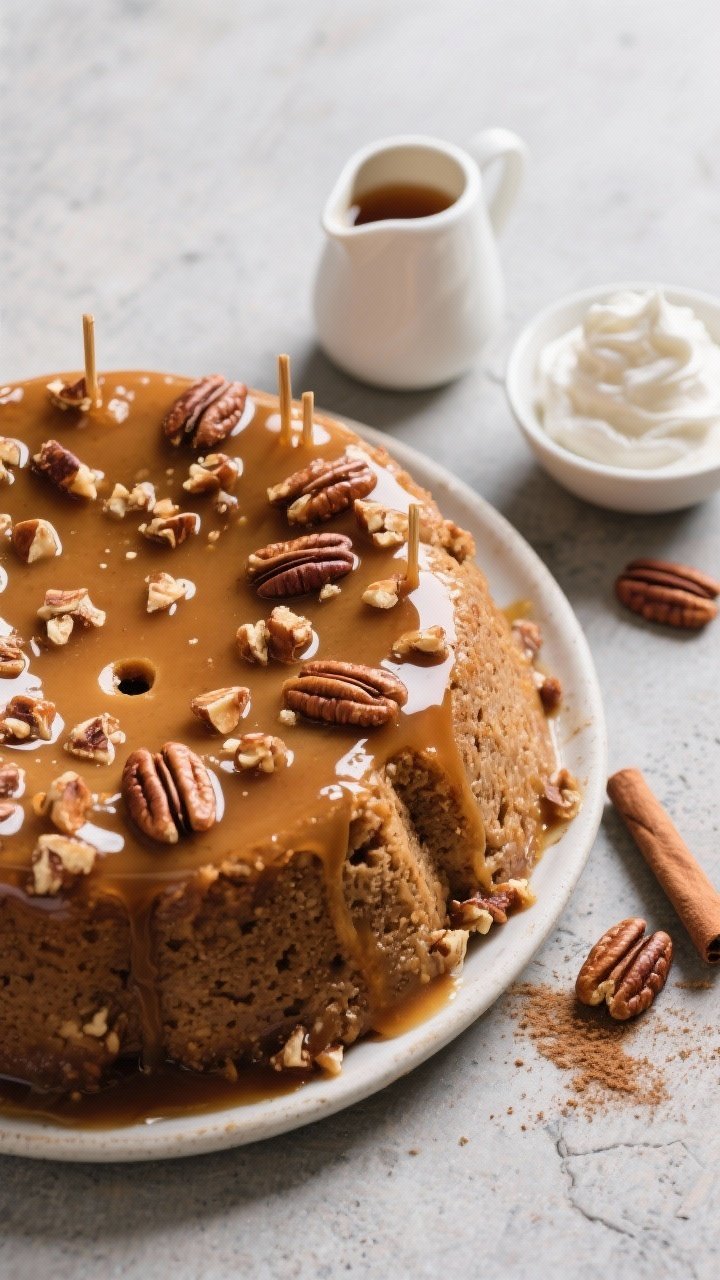 Tasty top view: Overhead of the whole pudding after the syrup soak—surface studded with chopped to