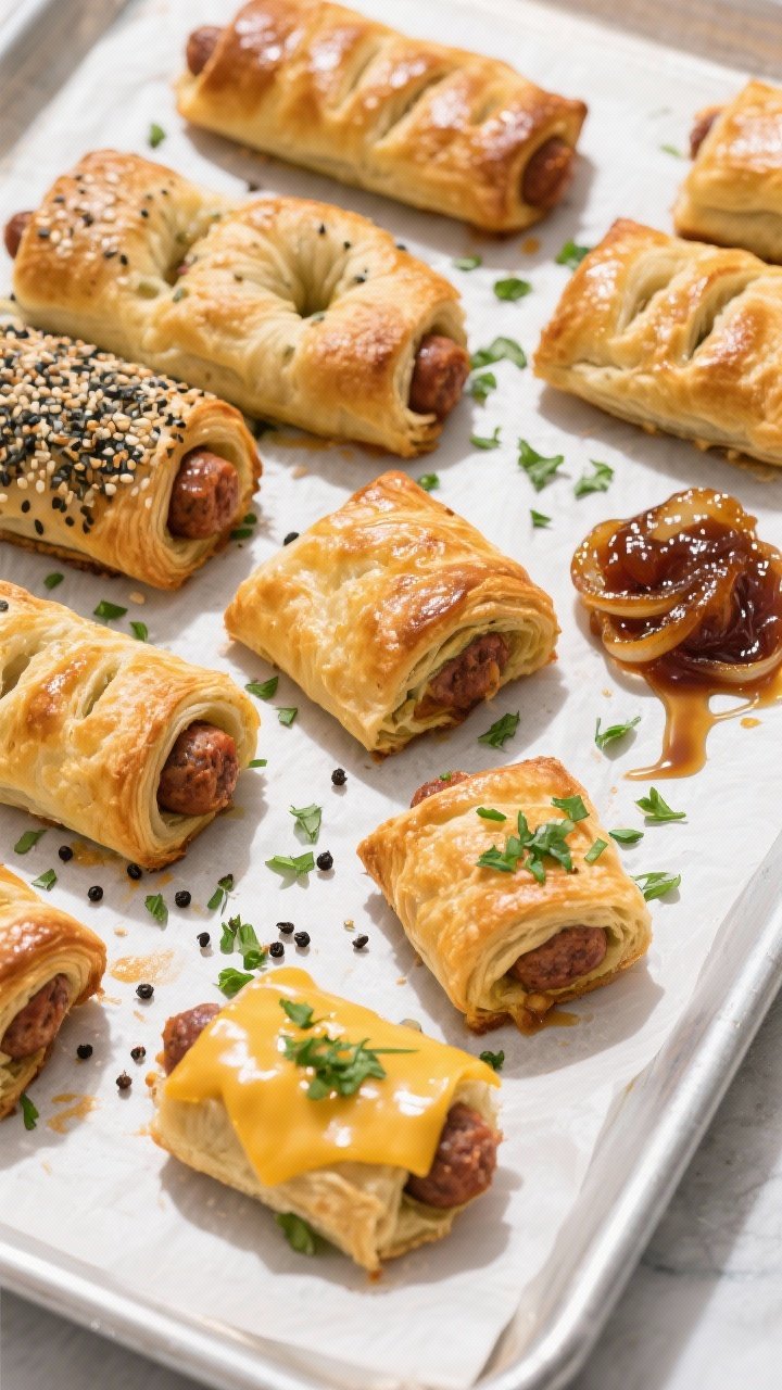 Tasty top view: Overhead party spread of assorted sausage roll variations—classic, everything bage