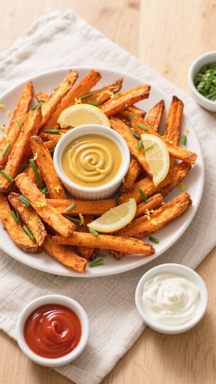 Tasty top view: Overhead party-style platter of carrot fries with golden-brown edges, garnished with