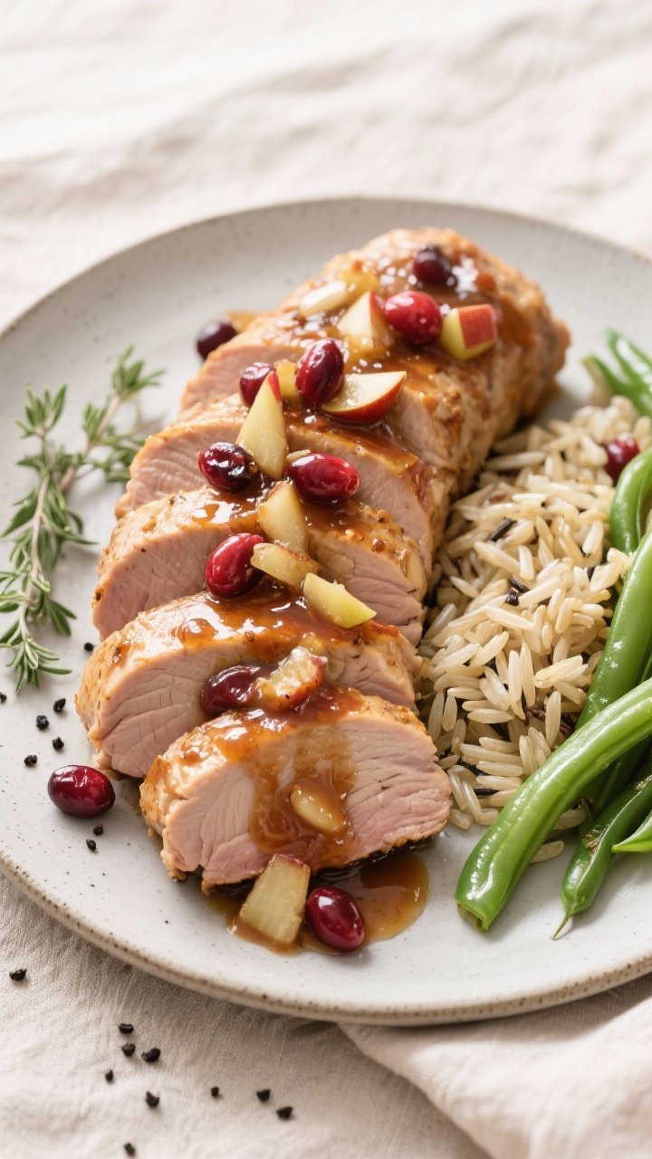 Tasty top view: Overhead plate presentation of air fryer pork tenderloin with apple chutney—fan of