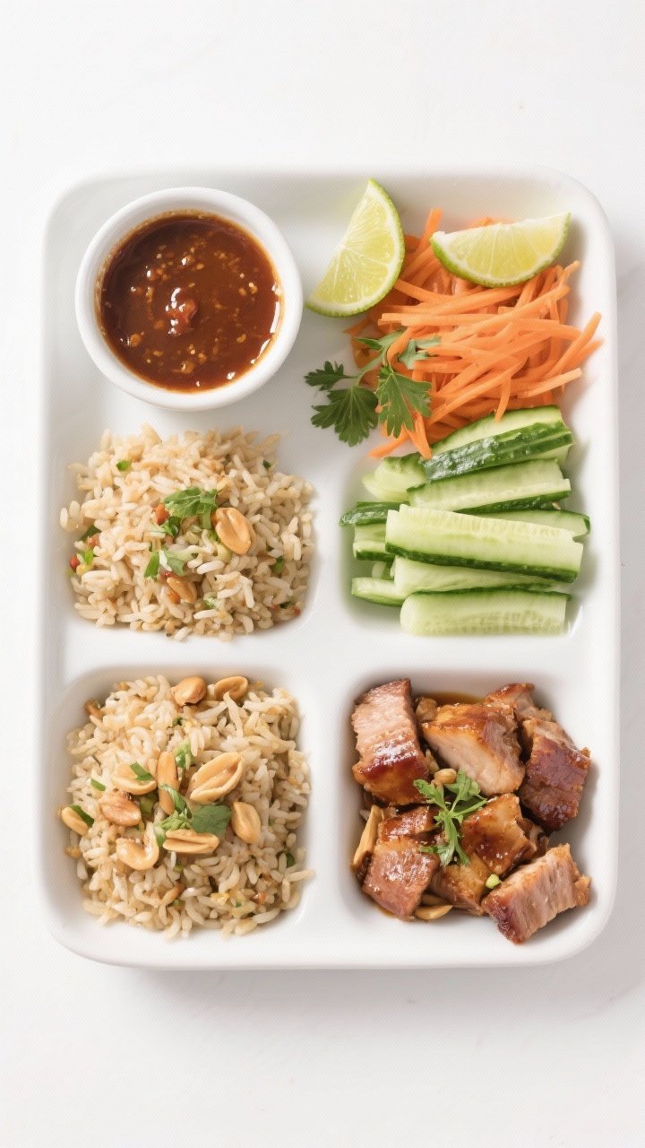 Tasty top view: Overhead platter for meal prep—neatly arranged compartments with peanut rice, hois