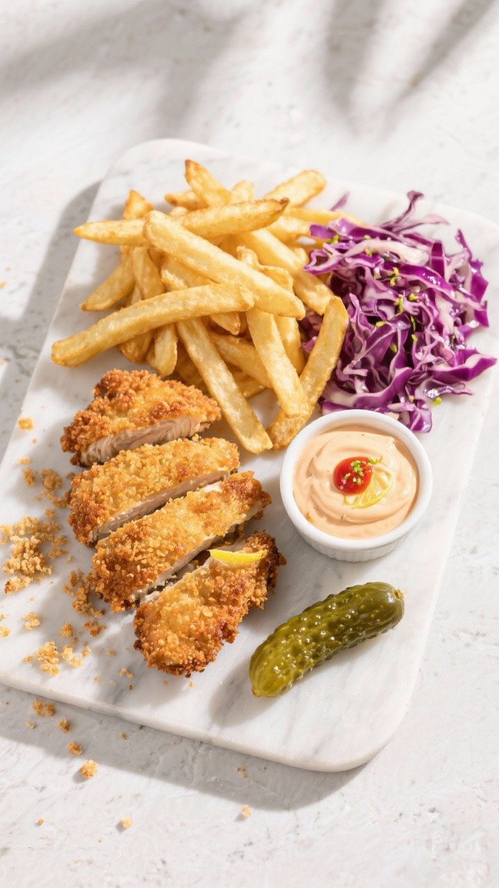 Tasty top view: Overhead platter of air fryer crumbed chicken served with sides—golden fries, tang