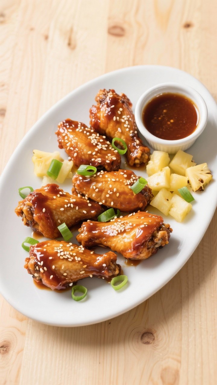 Tasty top view: Overhead platter of Air Fryer Hawaiian-Style Wings fully sauced—sticky, lacquered 