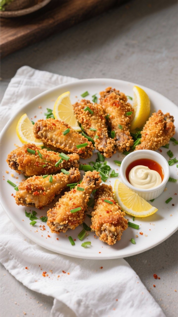 Tasty top view: overhead platter of “Air Fryer Zingy Crumbed Wings” arranged in a neat fan on a 