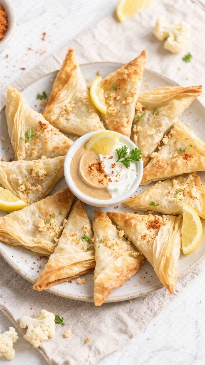 Tasty top view: Overhead platter of finished Air Fryer Cauliflower Phyllo Triangles arranged in a fa