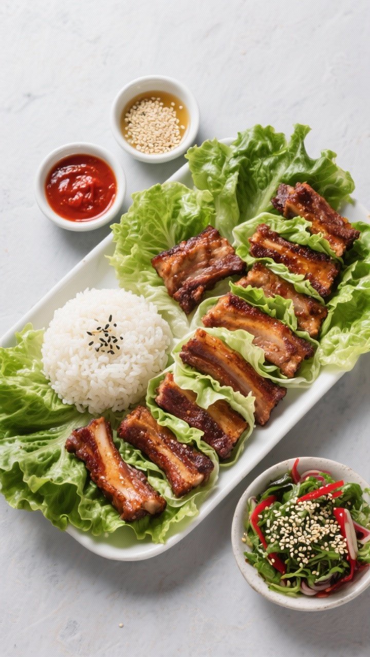 Tasty top view: Overhead platter of finished galbi set up for lettuce wraps—ribs sliced into manag