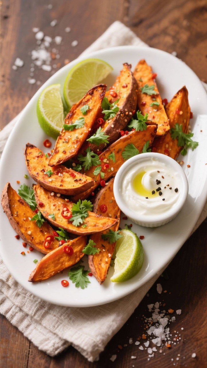 Tasty top view: Overhead platter of finished sweet potato wedges on a white ceramic serving dish, ge