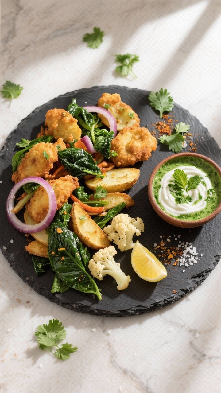 Tasty top view: Overhead platter of mixed vegetable pakoras (onion strands, potato slices, cauliflow