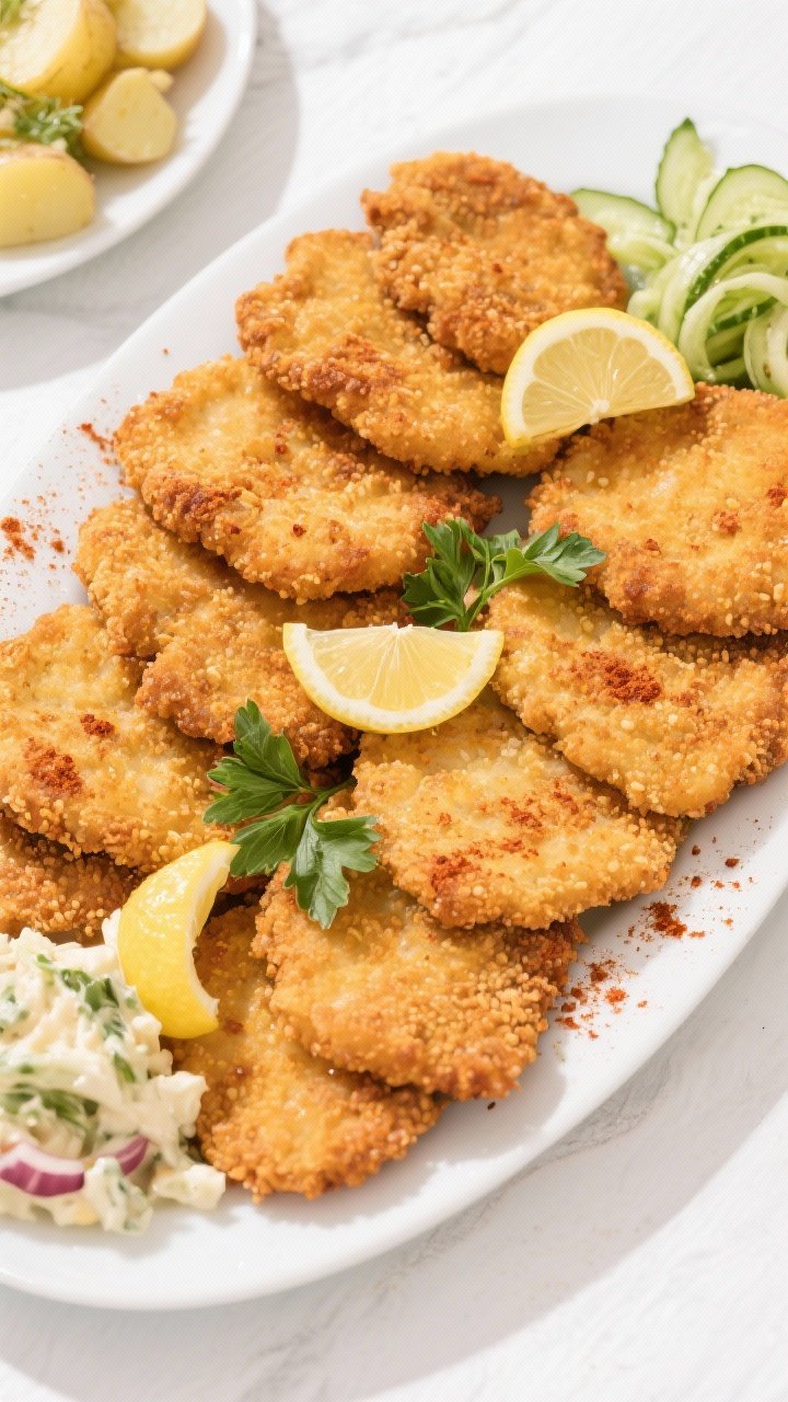 Tasty top view: Overhead platter of multiple schnitzels arranged slightly overlapping for abundance,