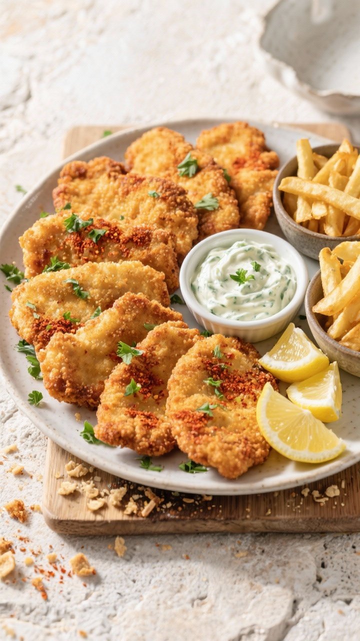 Tasty top view: Overhead platter of multiple schnitzels for casual entertaining, deep golden crust s