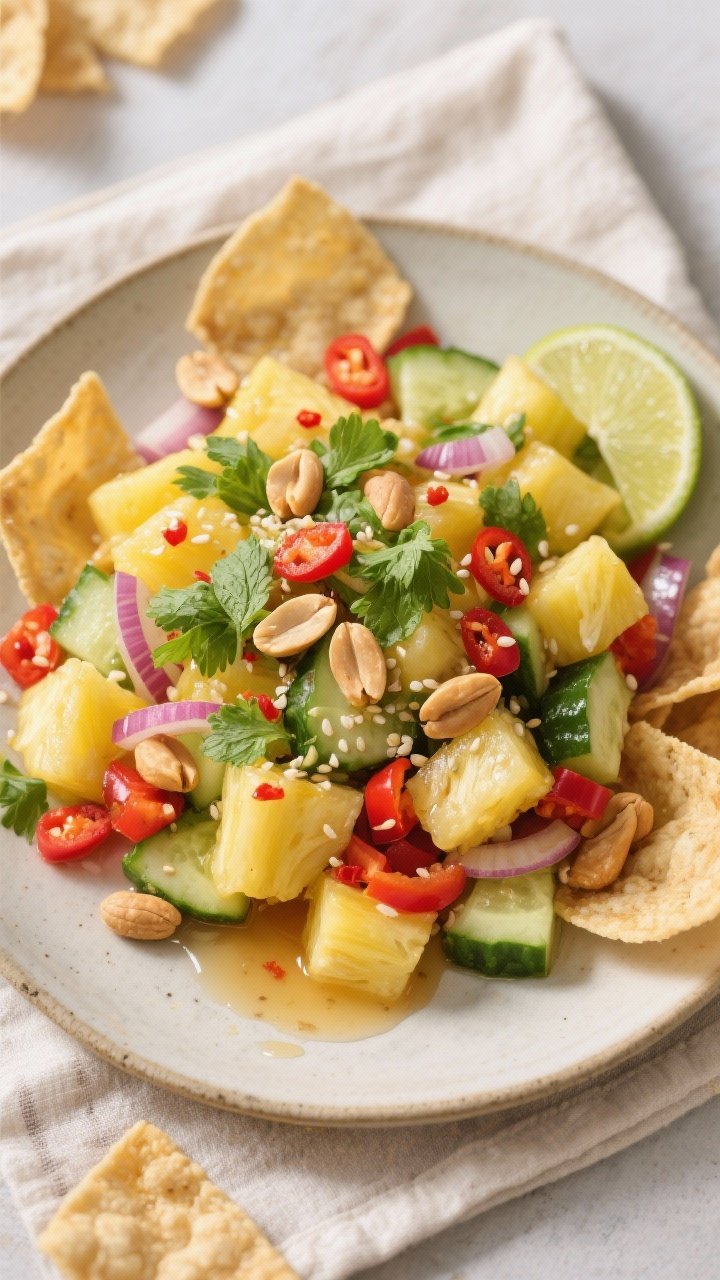 Tasty top view: Overhead platter of pineapple and peanut salad fully dressed—juicy yellow pineappl