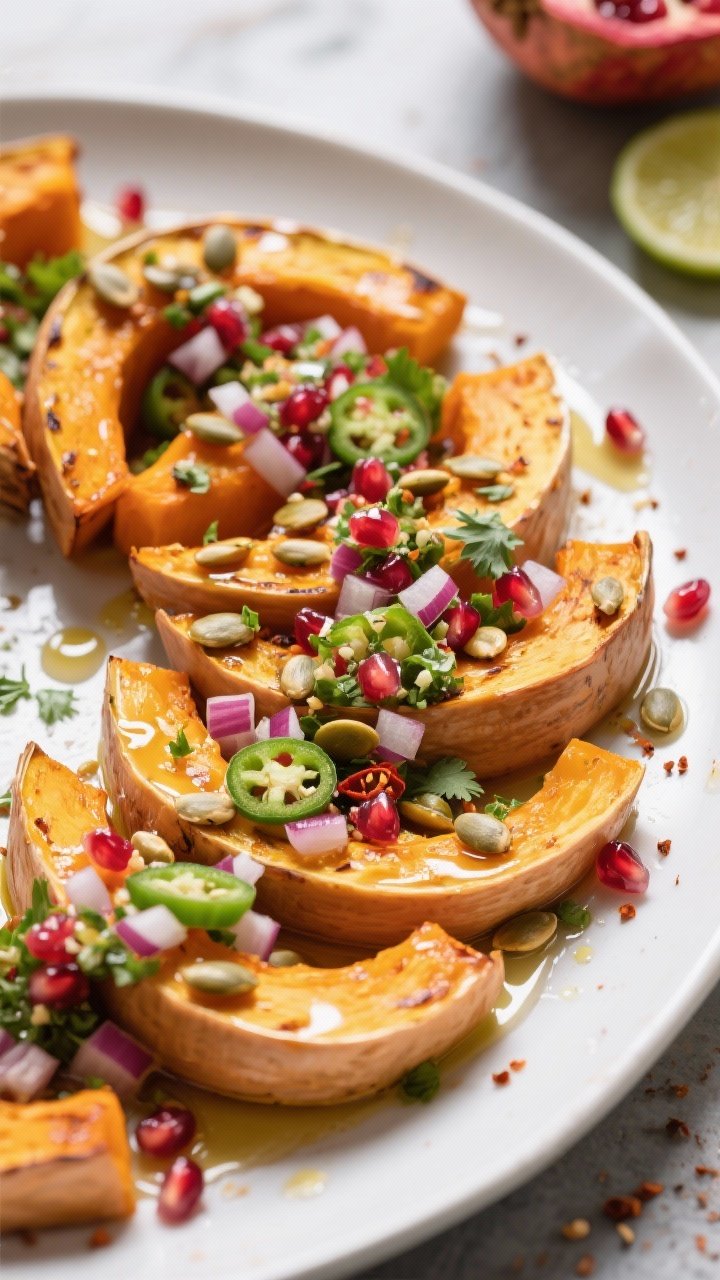 Tasty top view: Overhead platter of roasted pumpkin arranged in a loose fan, generously topped with 