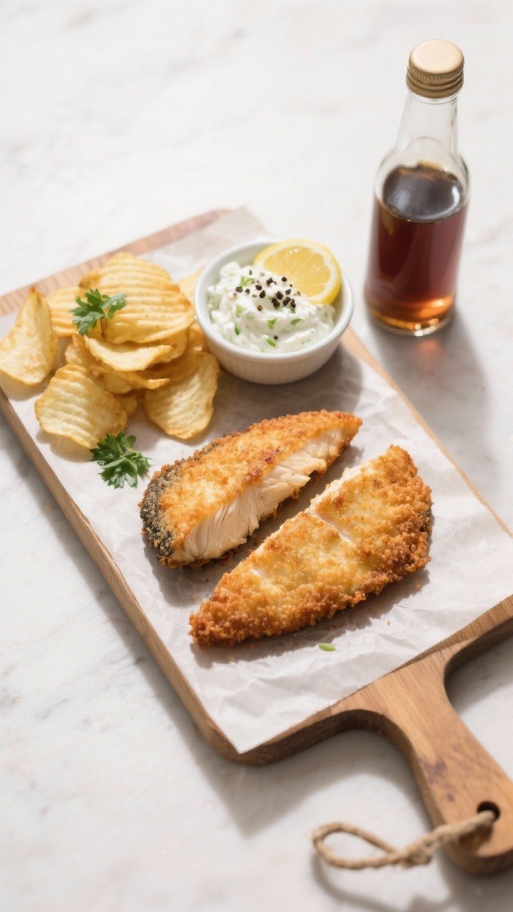 Tasty top view: Overhead pub-style serving board with parchment—air-fried fish fillets split to sh