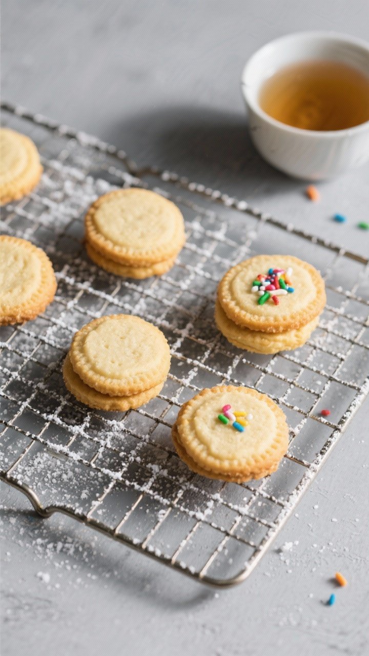 Tasty top view: Overhead scene of a small-batch cookie moment—five golden-edged vanilla butter coo