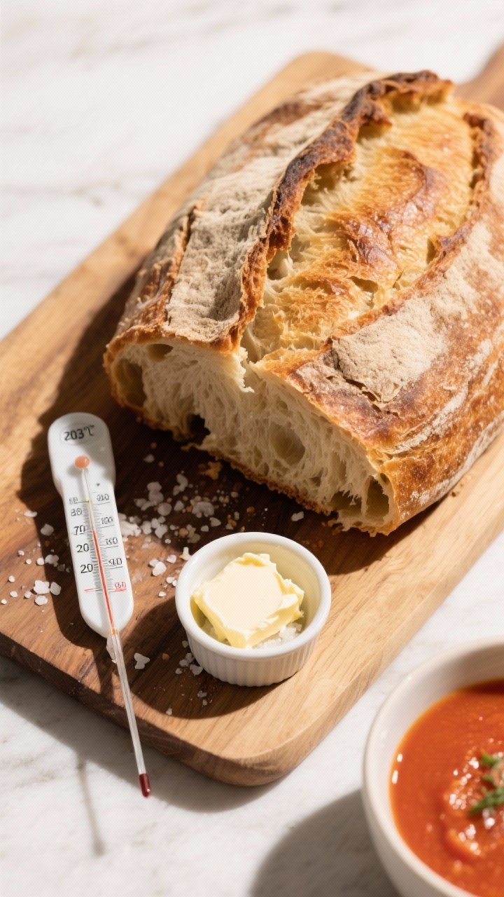 Tasty top view: Overhead scene of the whole rustic loaf on a wooden board, one end torn open to reve