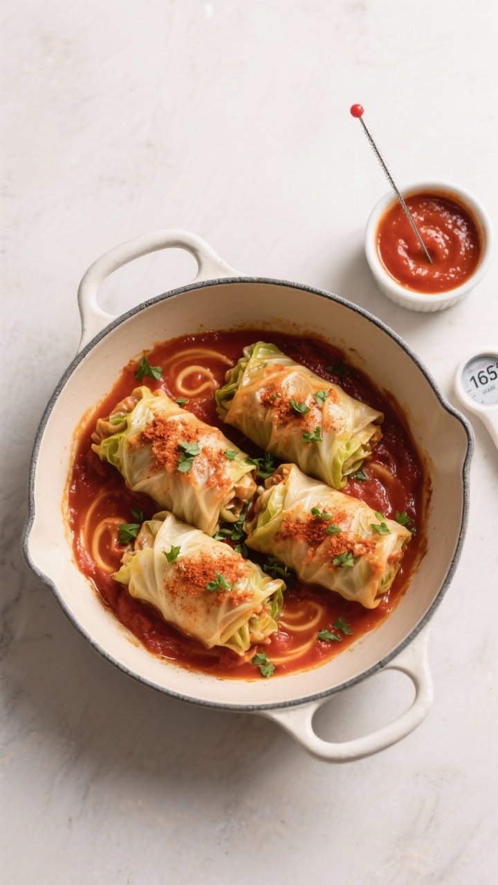 Tasty top view: Overhead serving scene of four stuffed cabbage rolls in a shallow enamel pan, nappe 