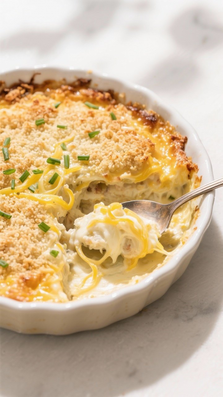 Tasty top view: Overhead serving scene of the bake in an 8-inch ceramic pan with a portion scooped o