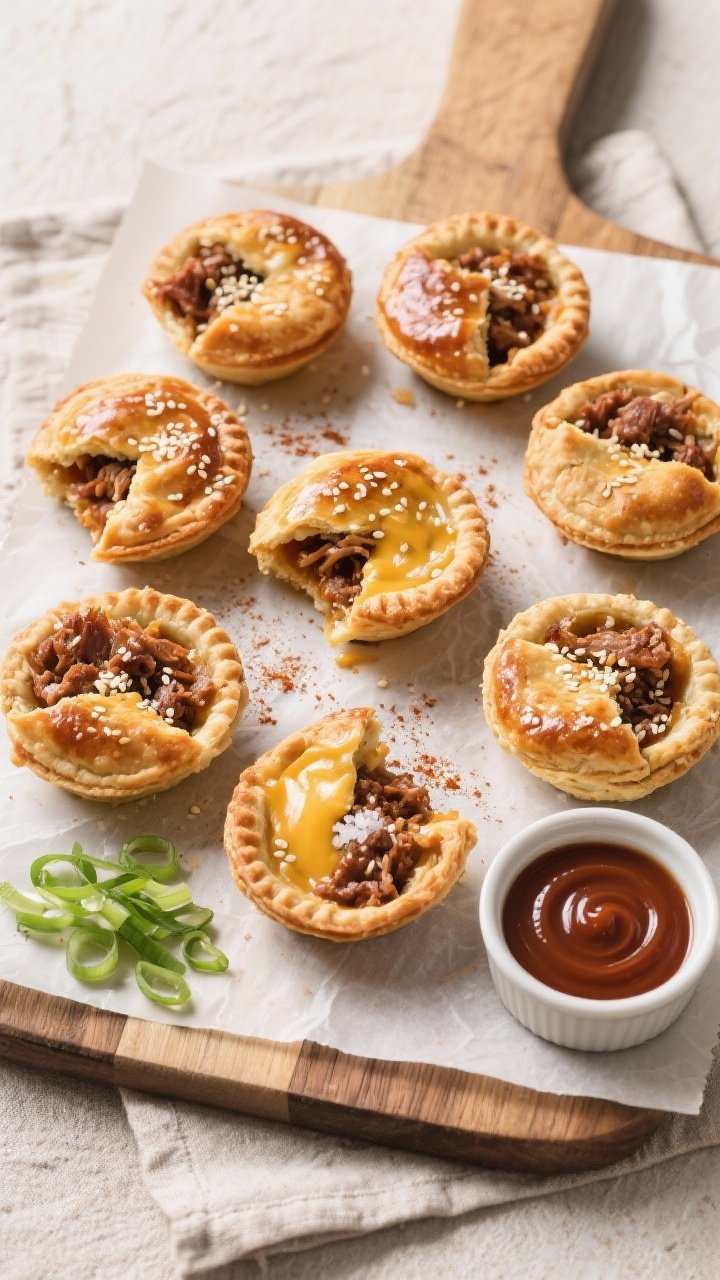 Tasty top view: Overhead shot of 8 mini pulled-pork pies on a parchment-lined board, evenly spaced w