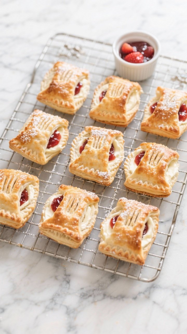 Tasty top view: Overhead shot of 9 neatly arranged cream cheese and jam puffs on a wire rack post-co